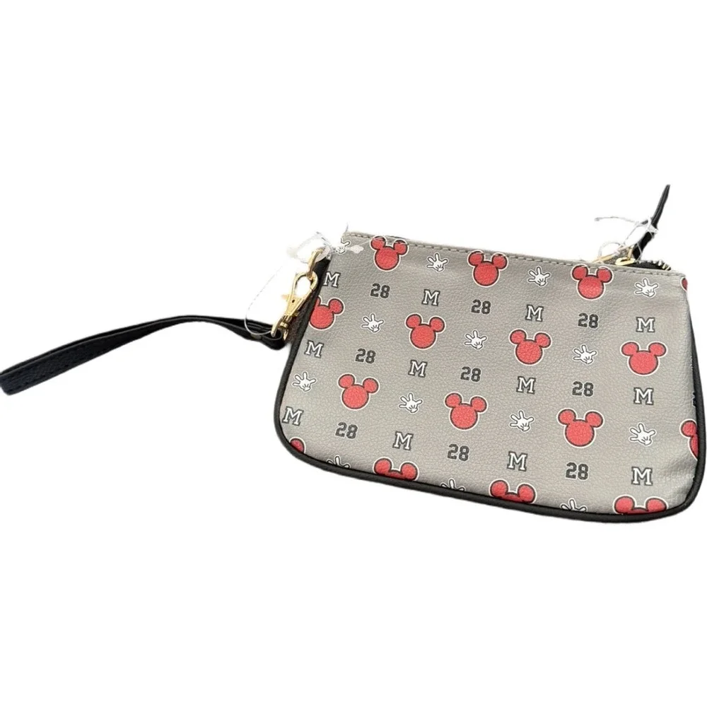 Disney Mickey Mouse Wristlet Gray Red Monogram Print Faux Leather Clutch NWOT